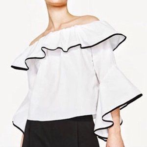 Zara  Womens Off the Shoulder Ruffle Bell Sleeve Cropped Top (Size: Small)